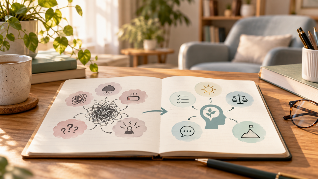 Cuaderno con esquemas sobre Terapia Cognitivo Conductual y terapias de tercera ola